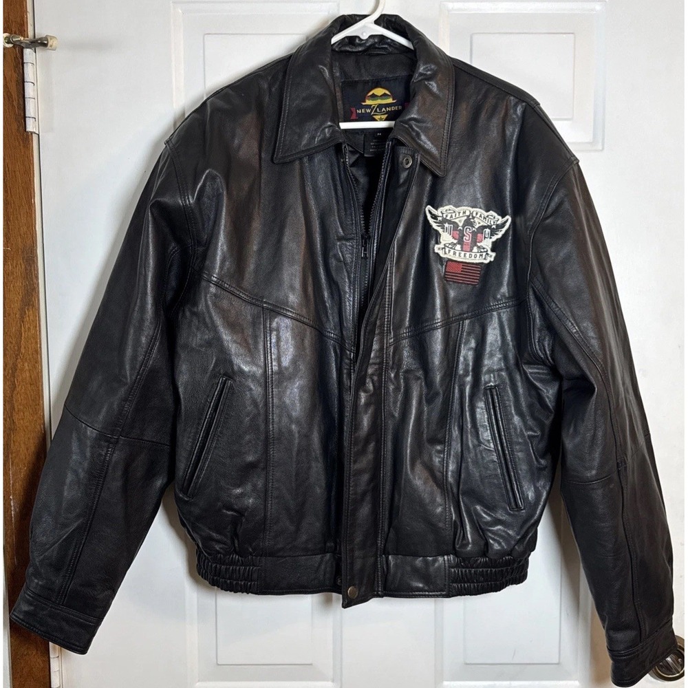 Vintage New Z Lander Leather Bomber Jacket Mens M‎ Black USA Patch Quilted Lined